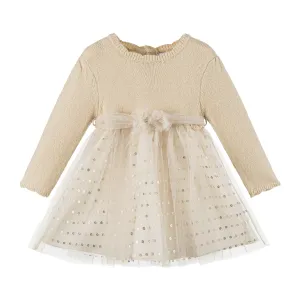 Beige Knit Polka Dot Tulle Dress