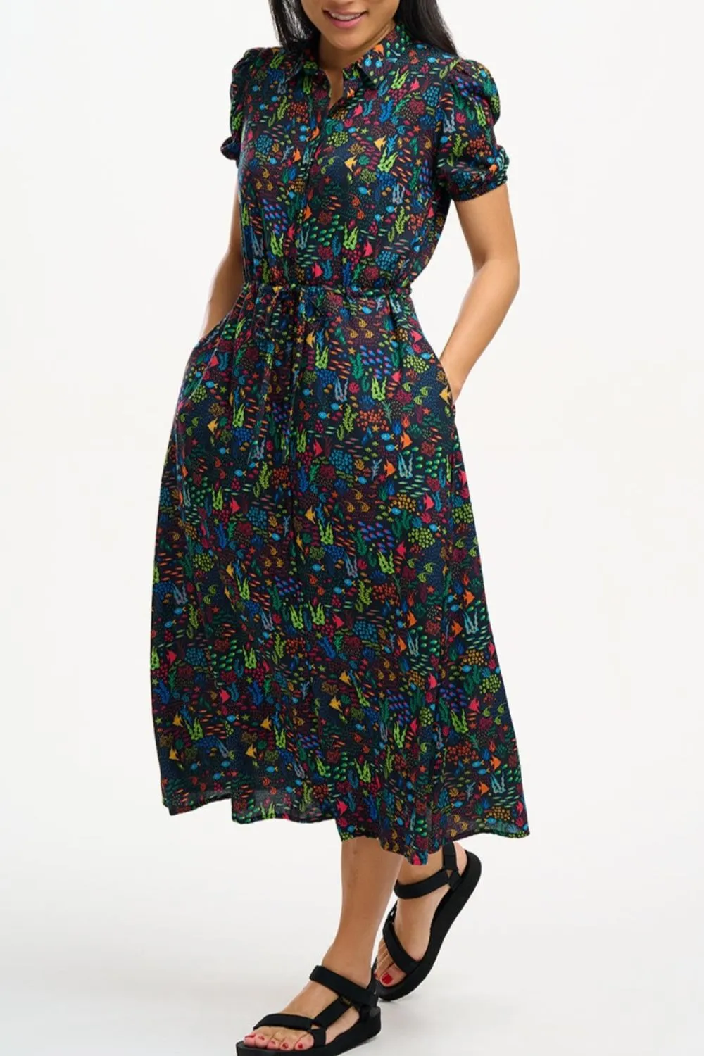 Cassandra Midi Shirt Dress - Black. Underwater Ditsy