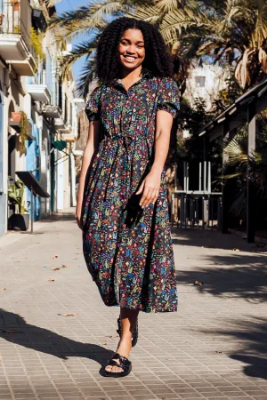 Cassandra Midi Shirt Dress - Black. Underwater Ditsy