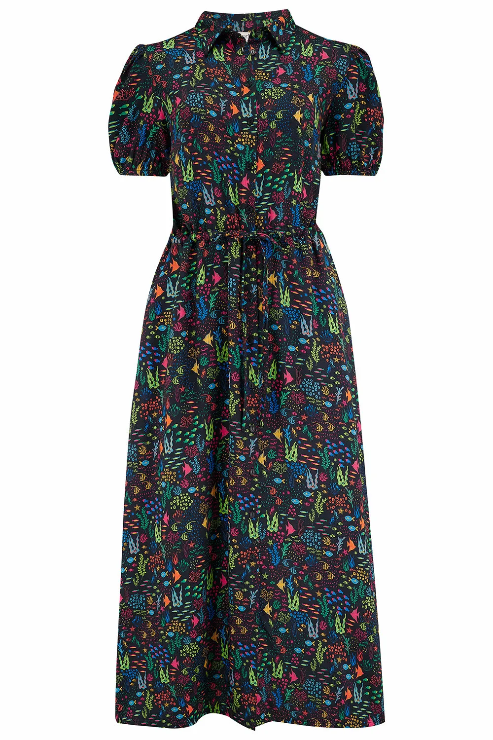 Cassandra Midi Shirt Dress - Black. Underwater Ditsy