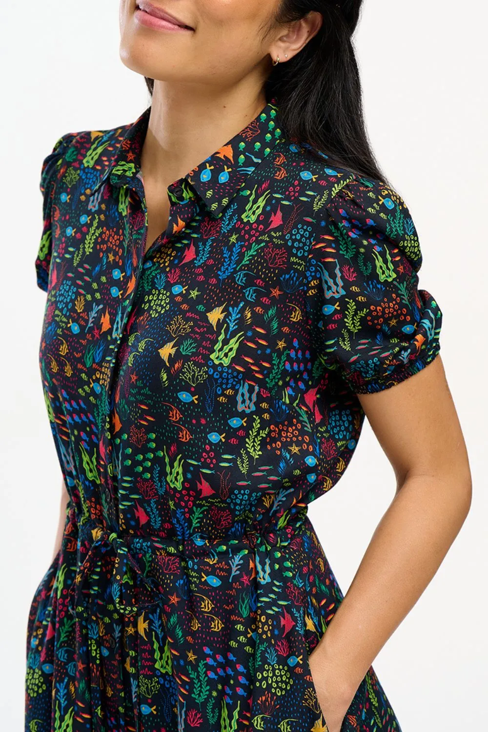 Cassandra Midi Shirt Dress - Black. Underwater Ditsy