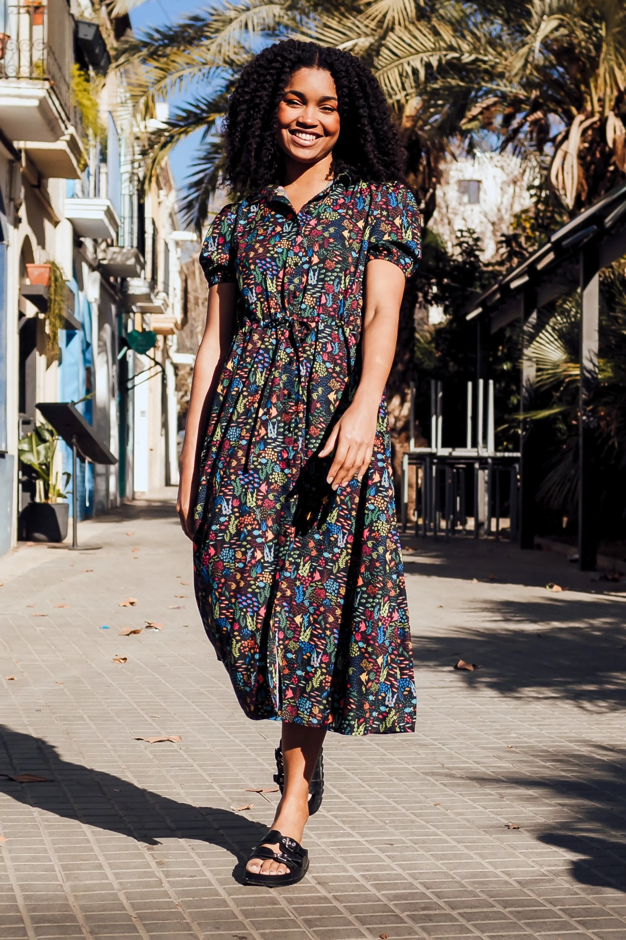 Cassandra Midi Shirt Dress - Black. Underwater Ditsy