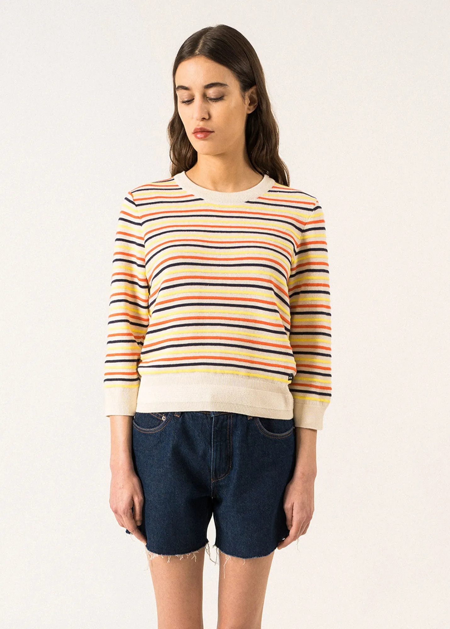 DUNE -  Sweater with Multicolored Stripes by Isabelle Ballu | Cotton and Linen  (IVORY / MULTICO)
