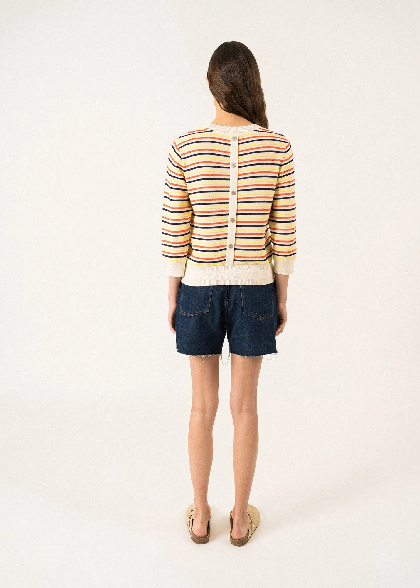 DUNE -  Sweater with Multicolored Stripes by Isabelle Ballu | Cotton and Linen  (IVORY / MULTICO)