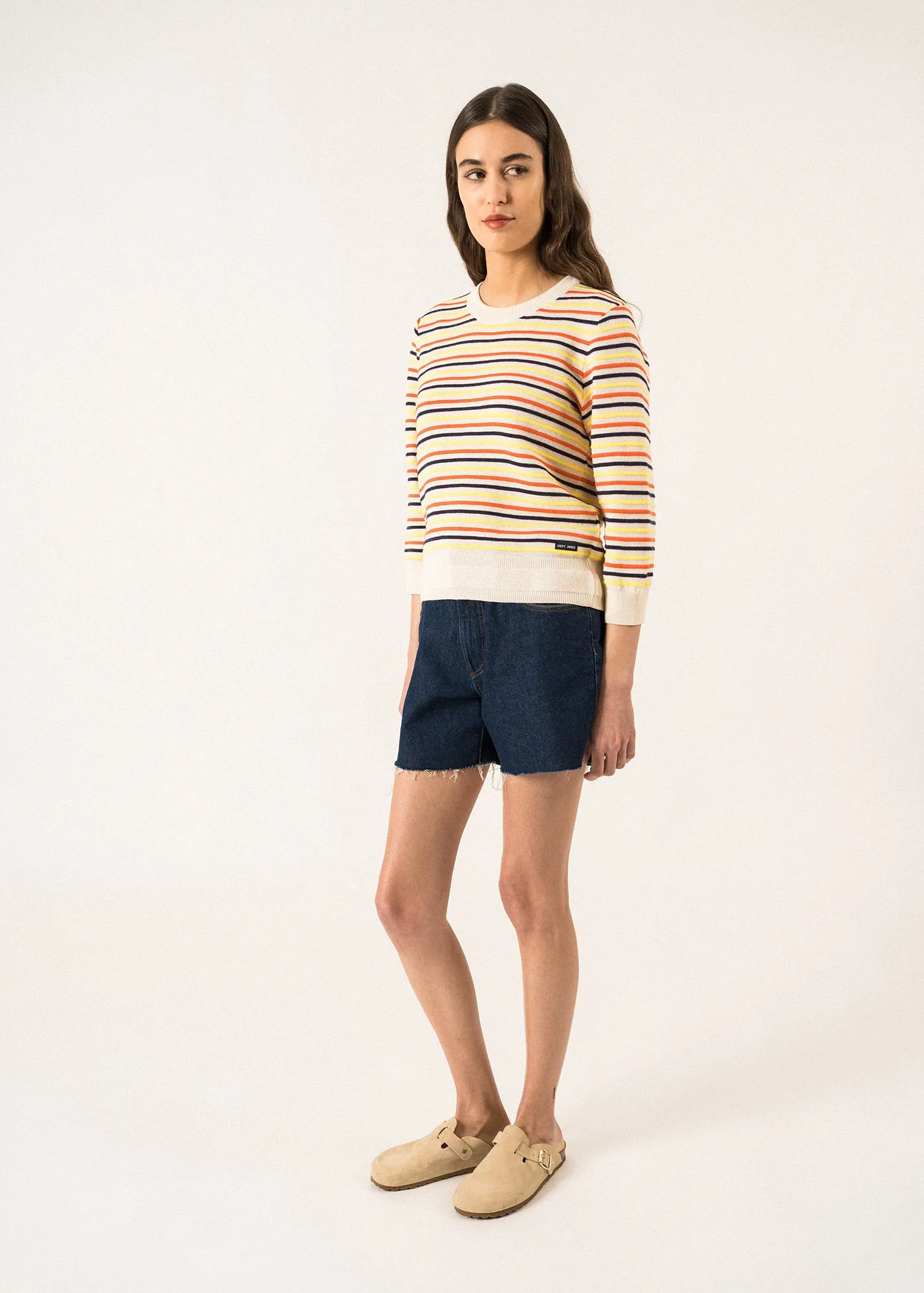 DUNE -  Sweater with Multicolored Stripes by Isabelle Ballu | Cotton and Linen  (IVORY / MULTICO)