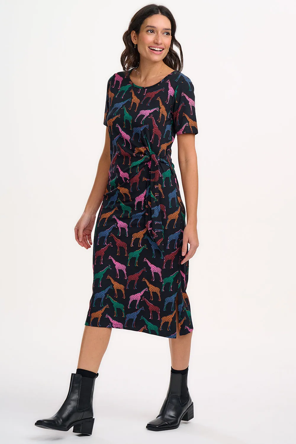 Emersyn Midi Jersey Dress - Black. Giraffe Spots