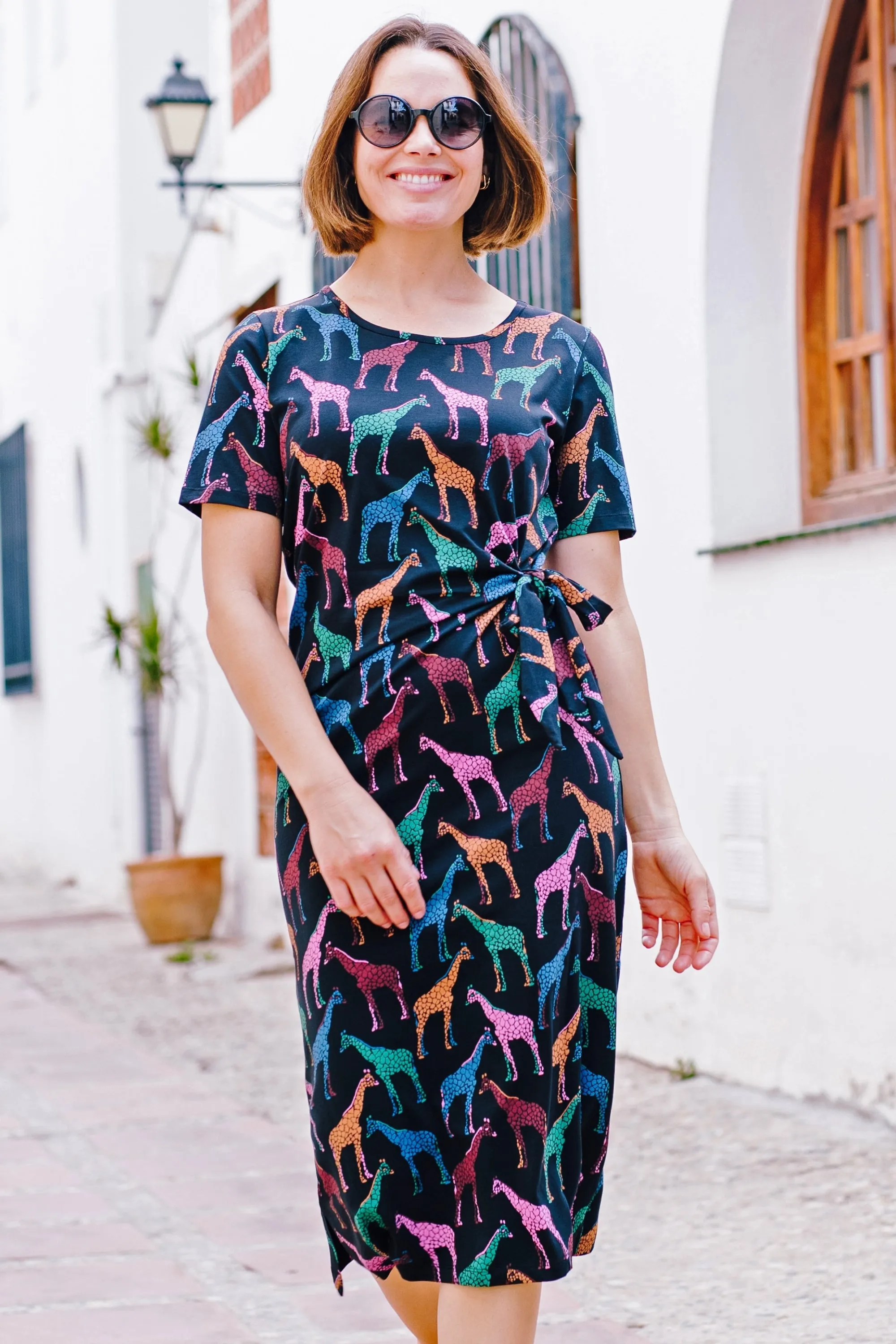Emersyn Midi Jersey Dress - Black. Giraffe Spots