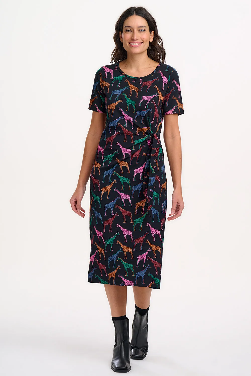 Emersyn Midi Jersey Dress - Black. Giraffe Spots