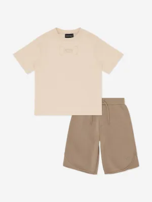 Emporio Armani Boys Logo Short Set in Beige