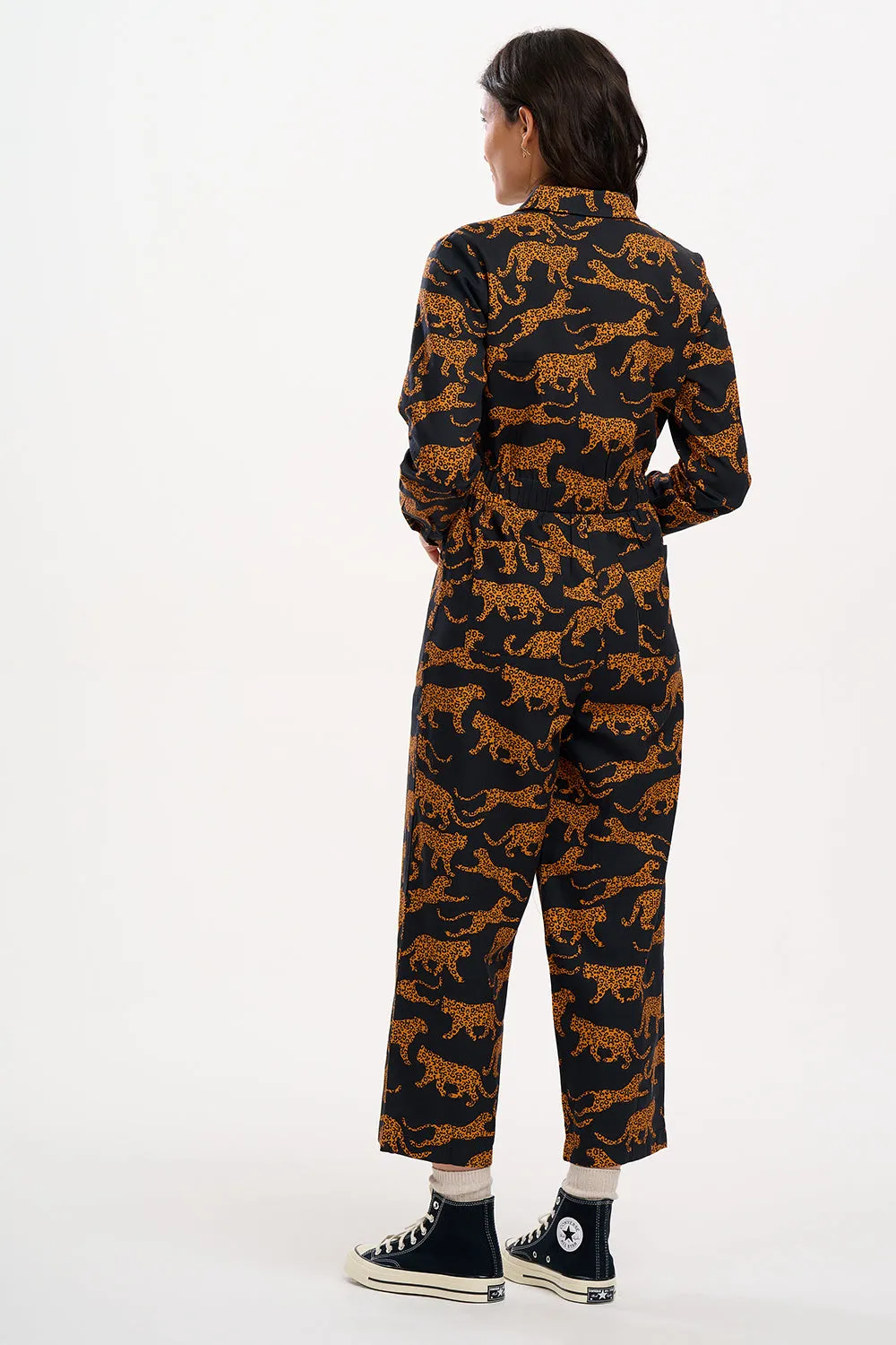 Gertie Cropped Jumpsuit - Black/Tan. Large Leopards