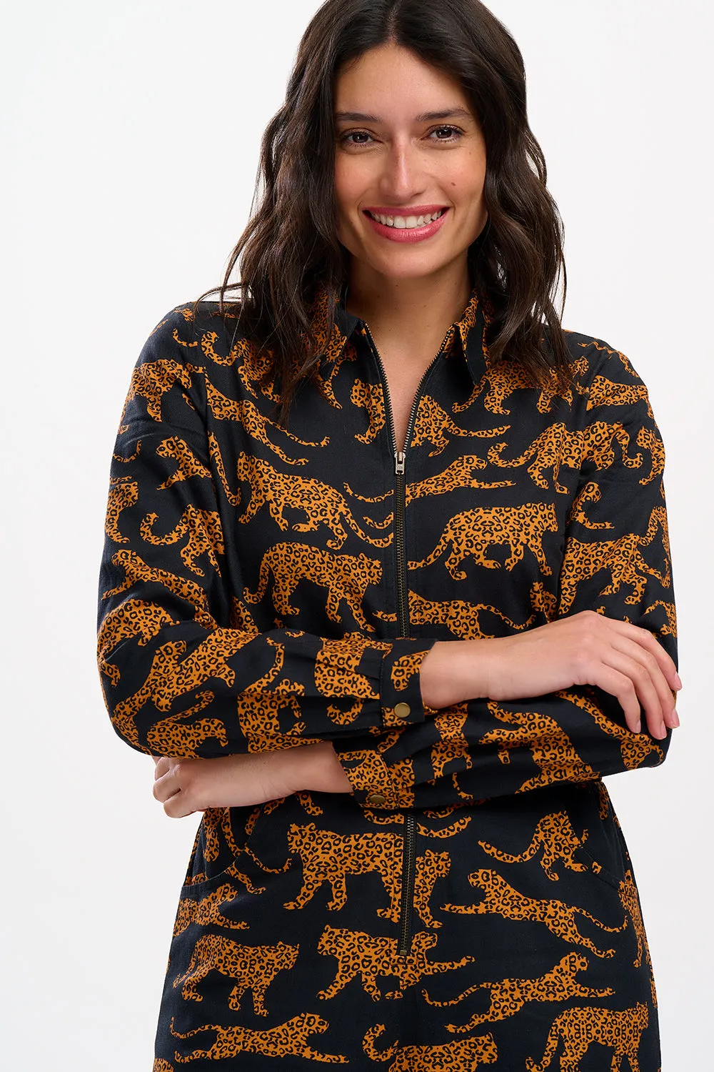 Gertie Cropped Jumpsuit - Black/Tan. Large Leopards