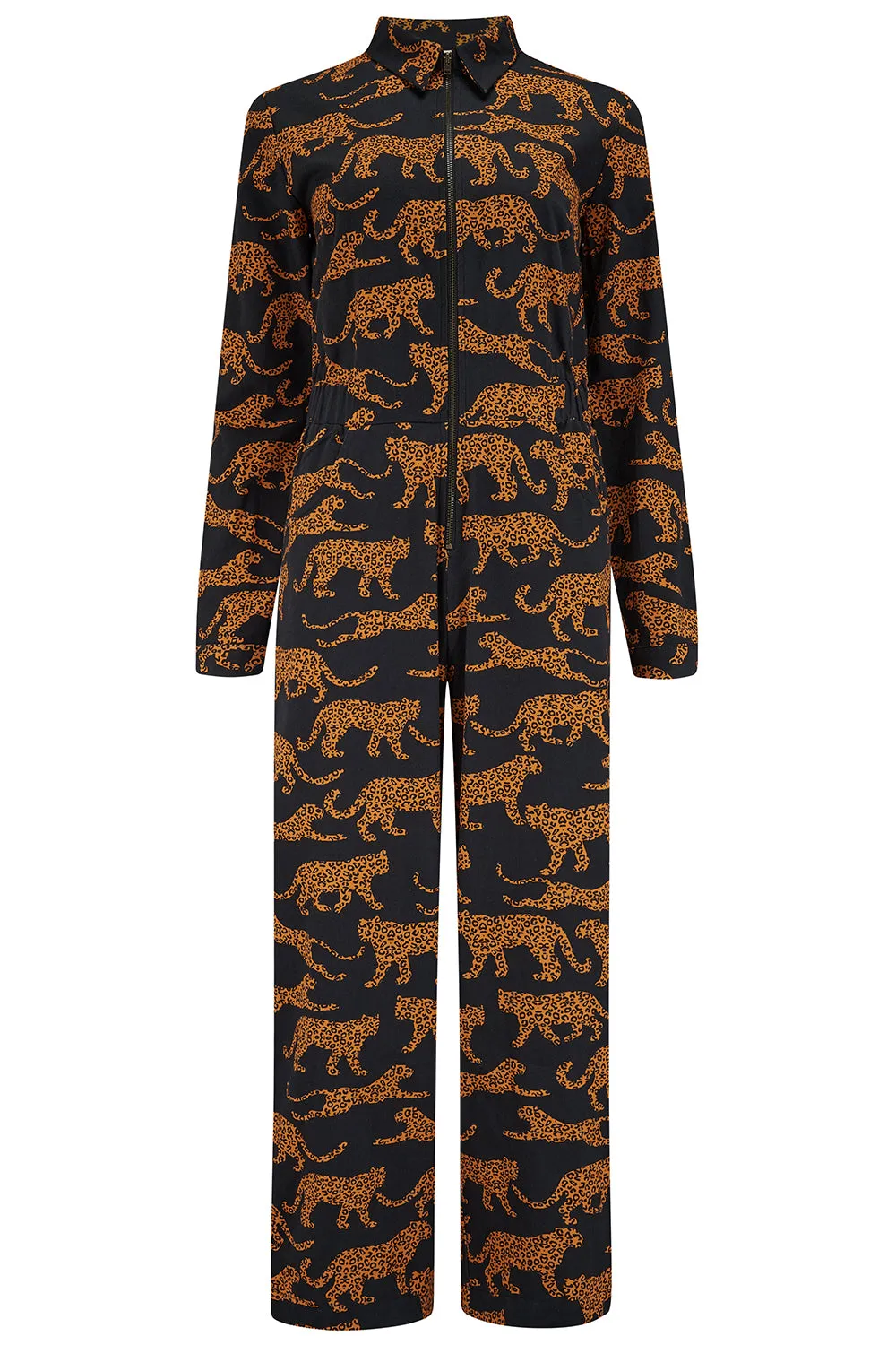 Gertie Cropped Jumpsuit - Black/Tan. Large Leopards