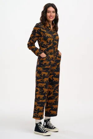 Gertie Cropped Jumpsuit - Black/Tan. Large Leopards