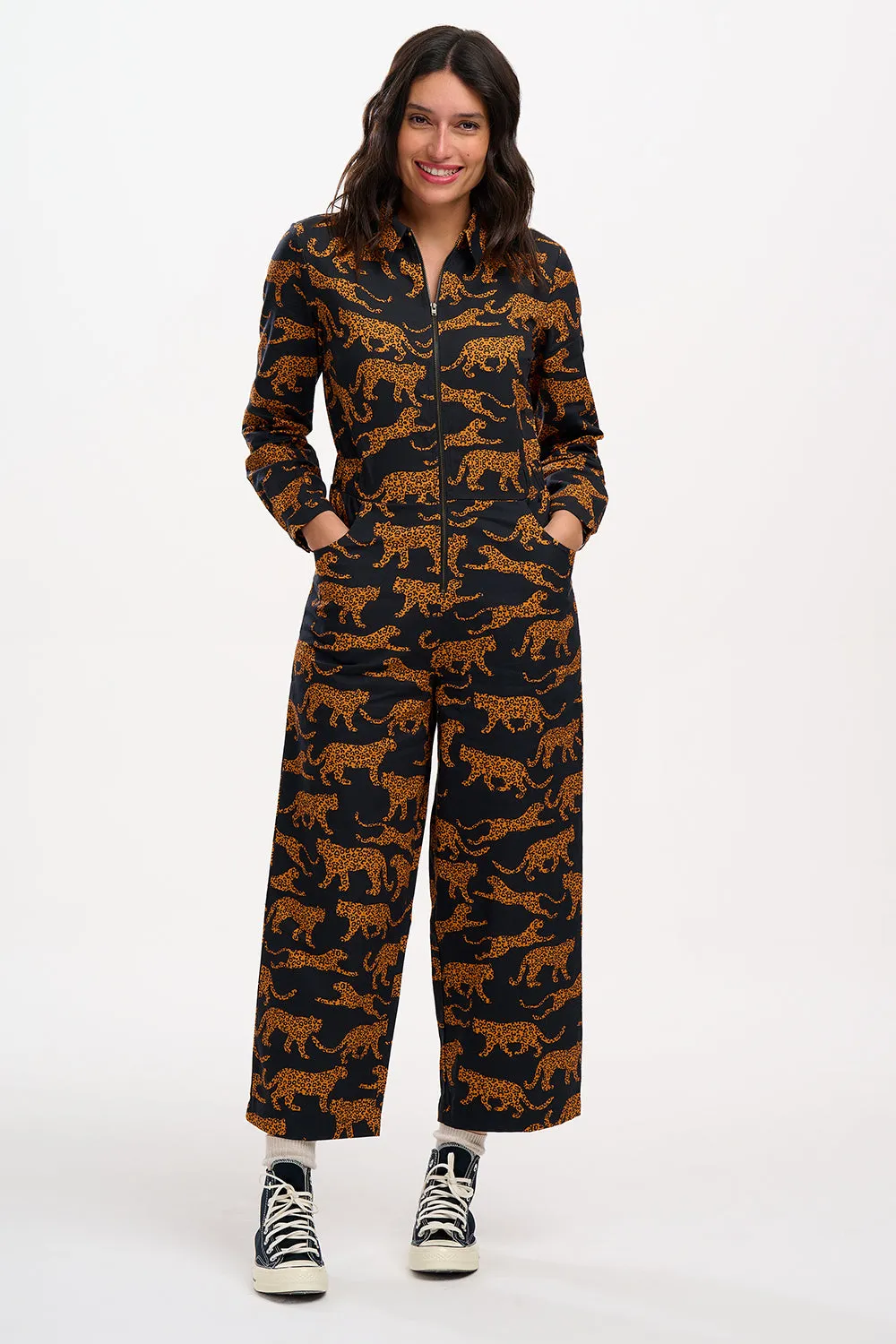 Gertie Cropped Jumpsuit - Black/Tan. Large Leopards