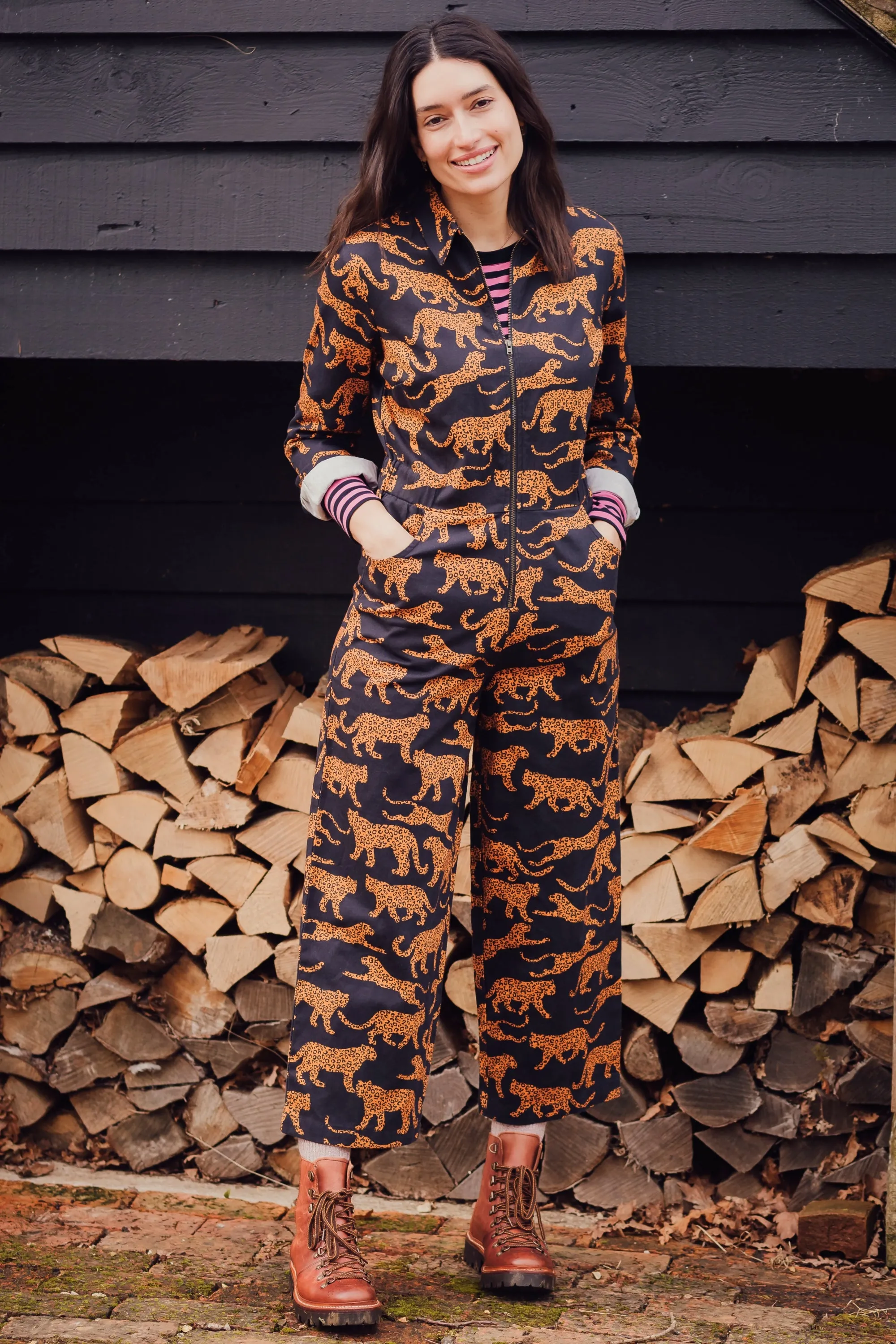 Gertie Cropped Jumpsuit - Black/Tan. Large Leopards