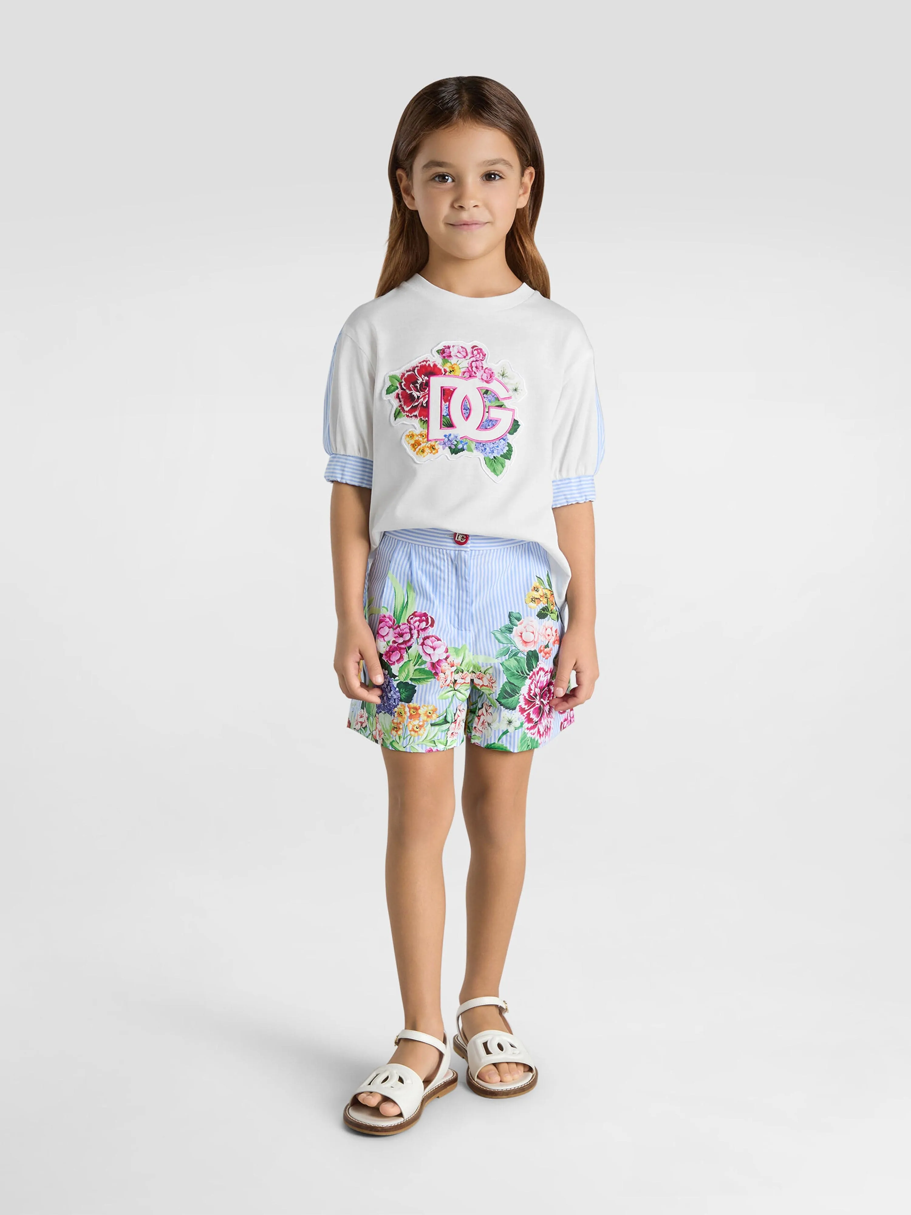 Girls Striped Floral Shorts in Multicolour