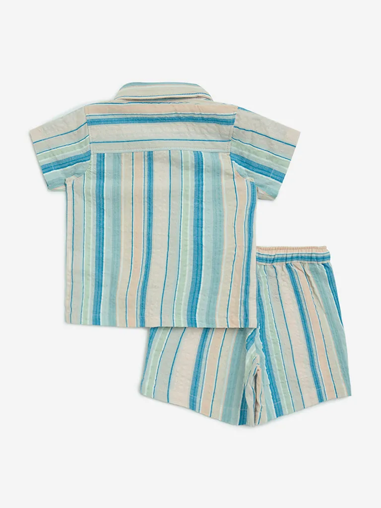HOP Baby Multicolour Striped Cotton Shirt and Shorts Set