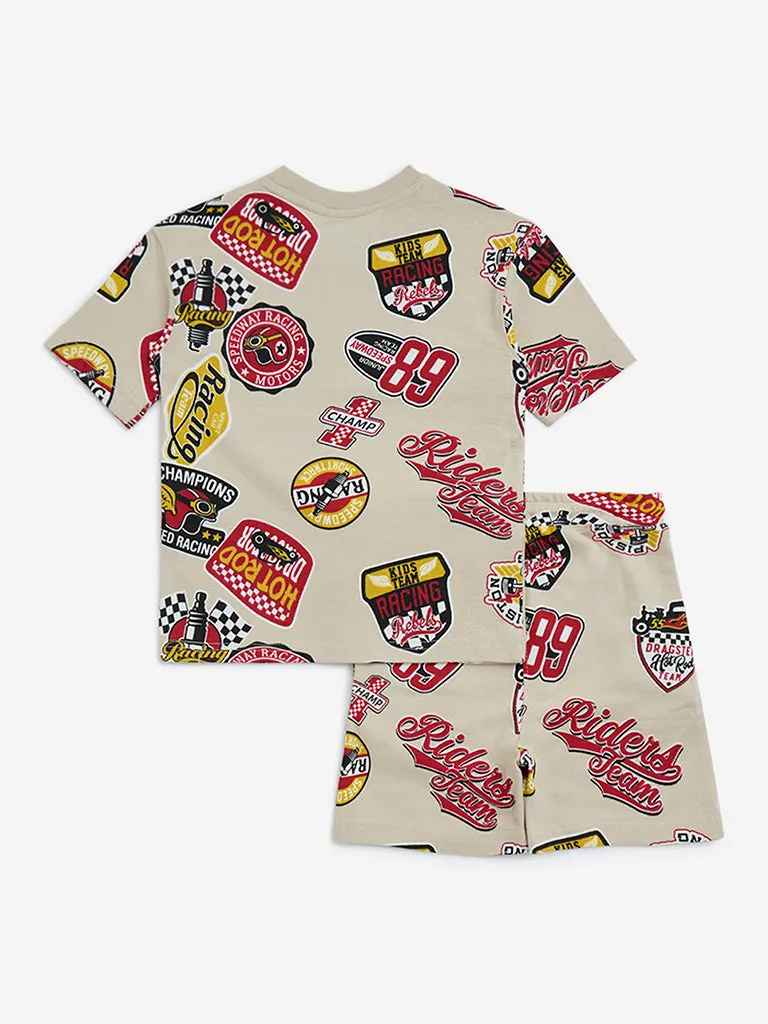HOP Kids Beige Printed Cotton T-Shirt and Shorts Set