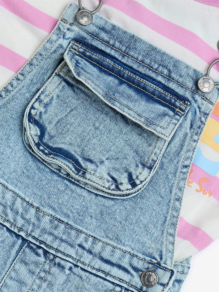 HOP Kids Light Blue Denim Dungaree with Top Set