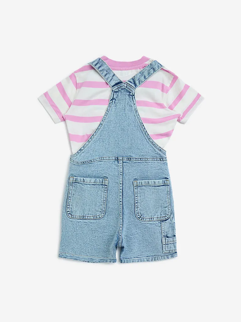 HOP Kids Light Blue Denim Dungaree with Top Set