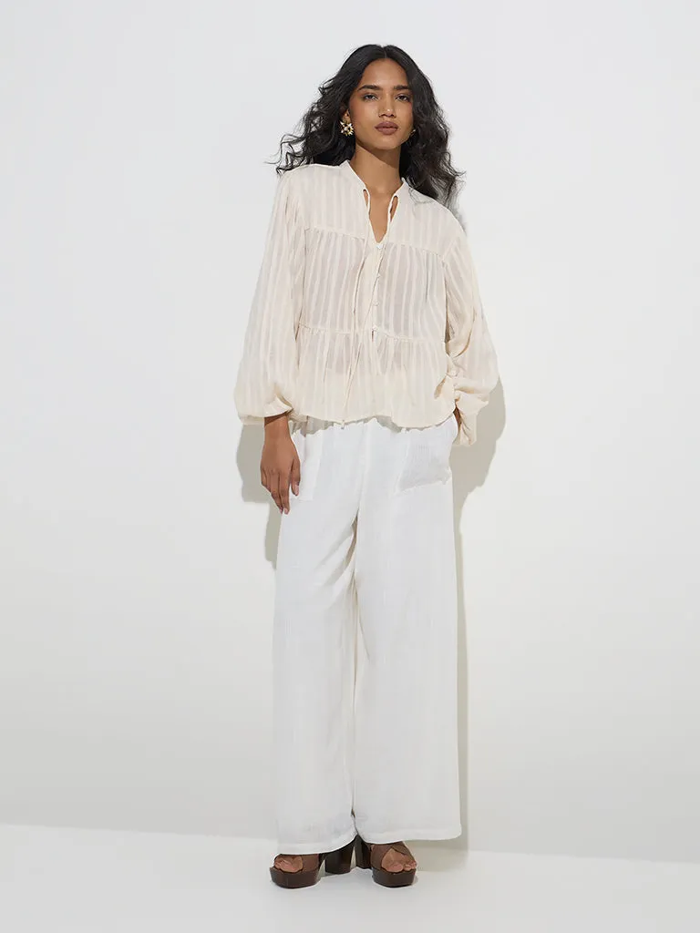 LOV Off-White Self-Striped Cotton Top