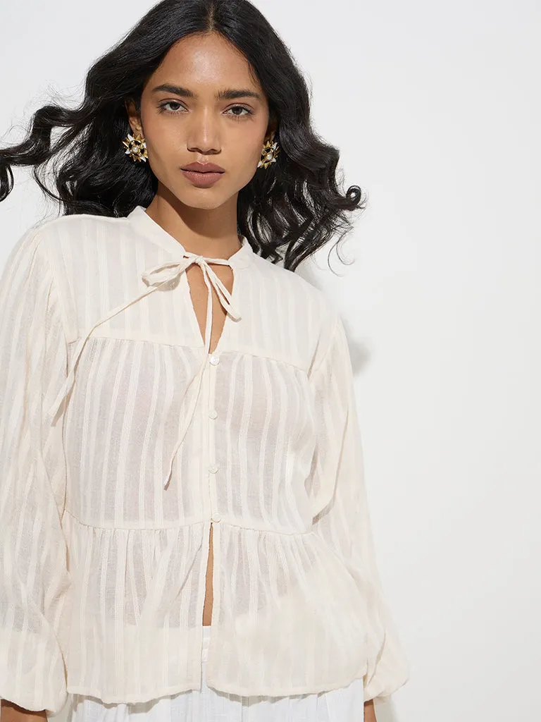 LOV Off-White Self-Striped Cotton Top