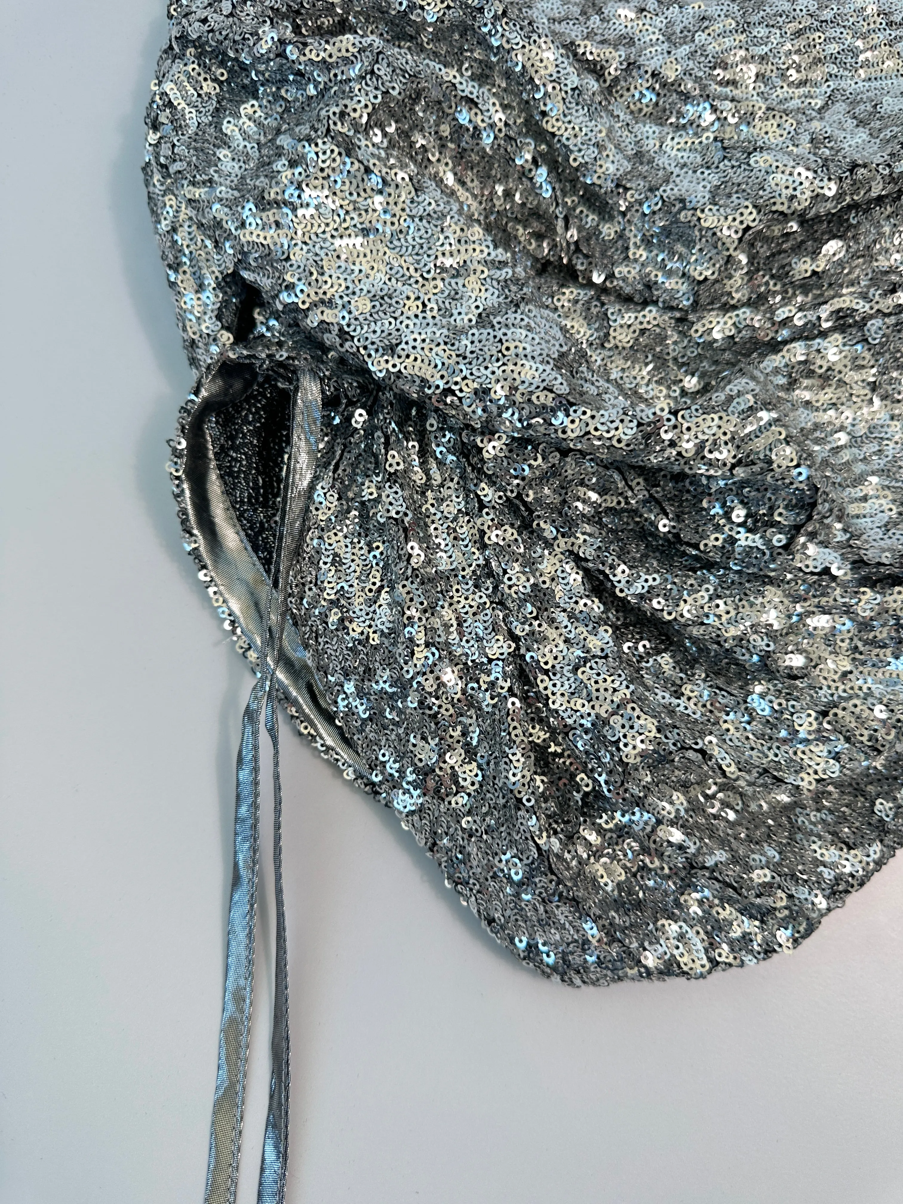 Mini Gonna Con Paillettes Argento E Drappeggio Laterale