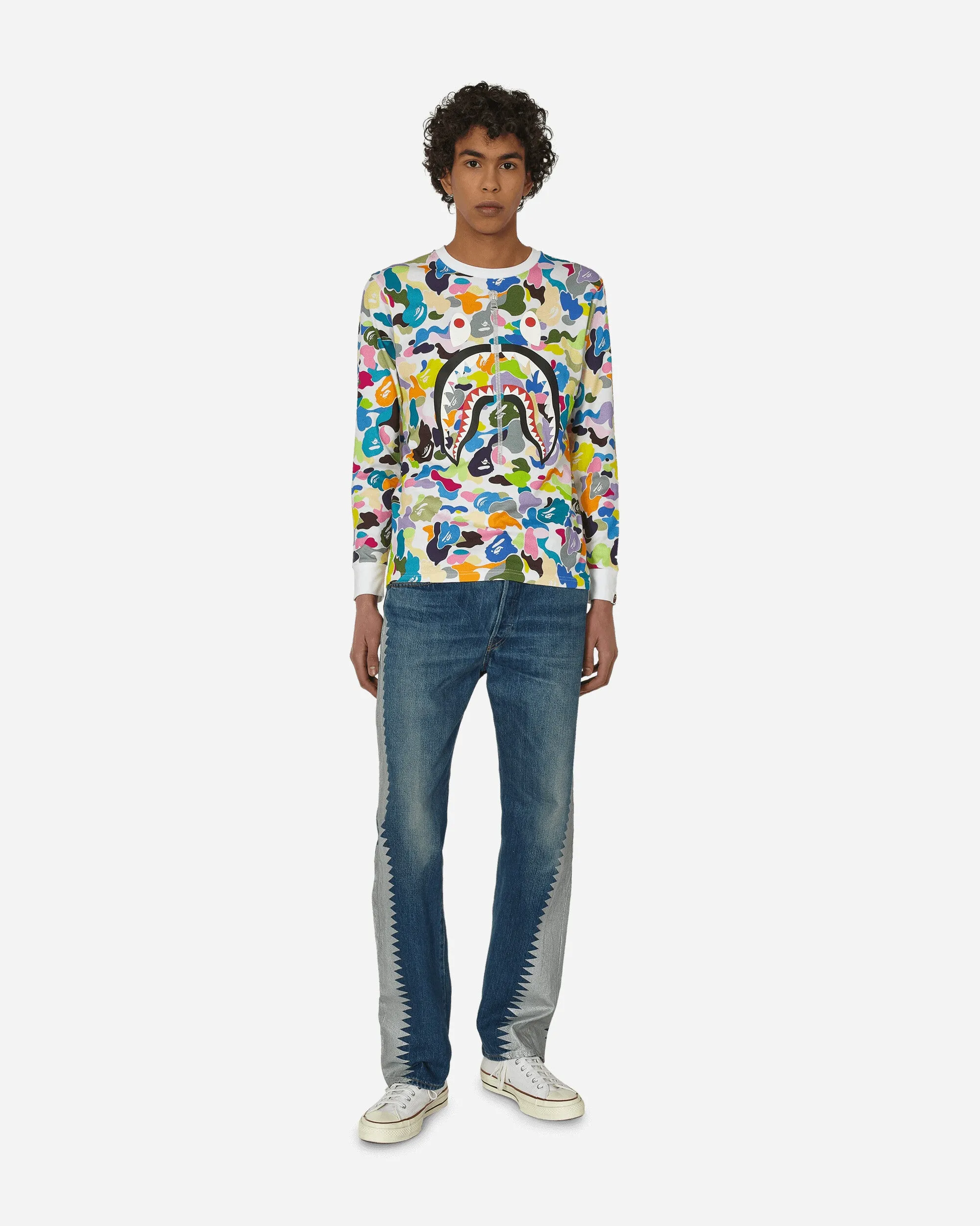 Multi Camo Shark Wide Longsleeve T-Shirt White