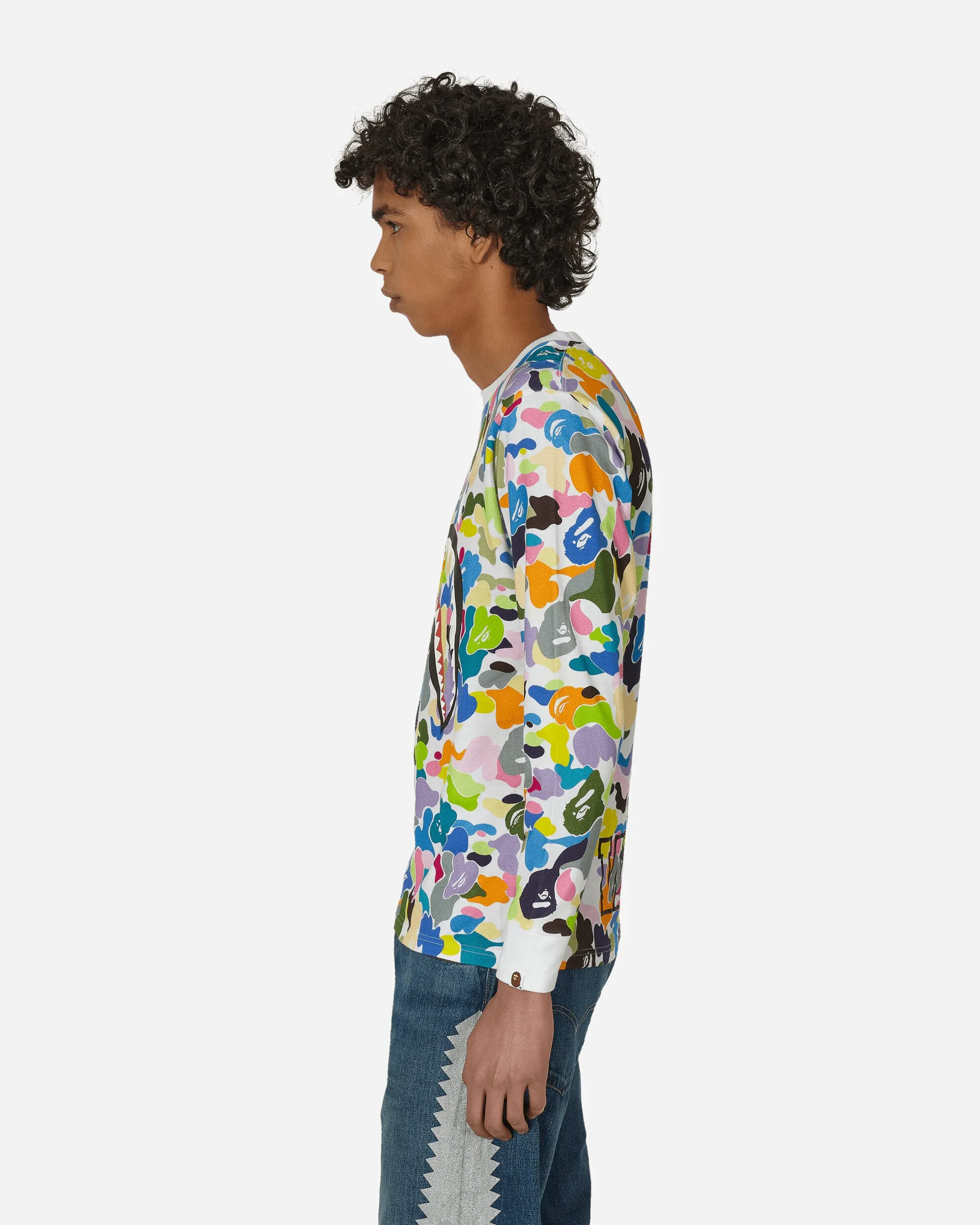 Multi Camo Shark Wide Longsleeve T-Shirt White