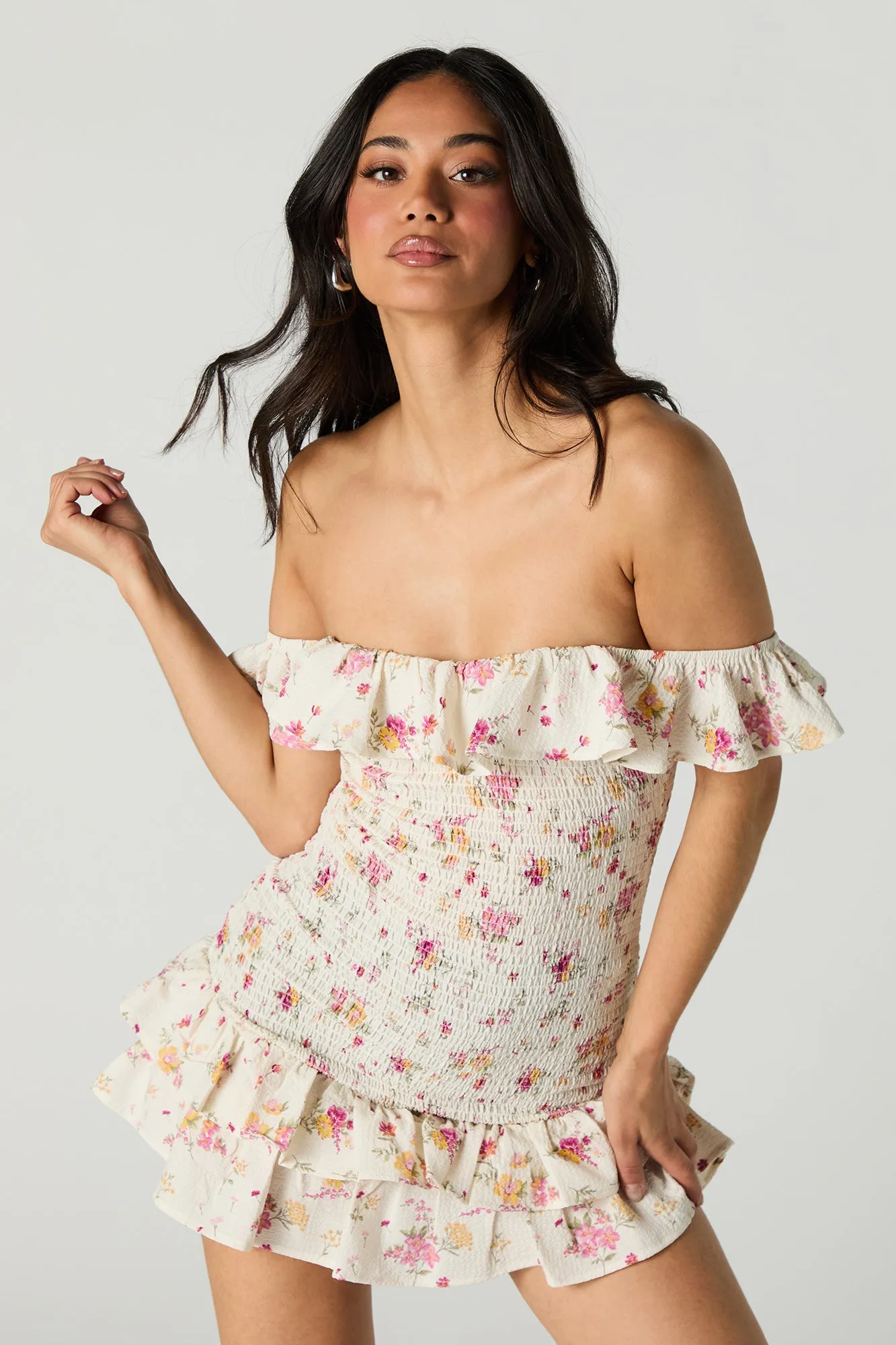 Off Shoulder Smocked Ruffle Mini Dress