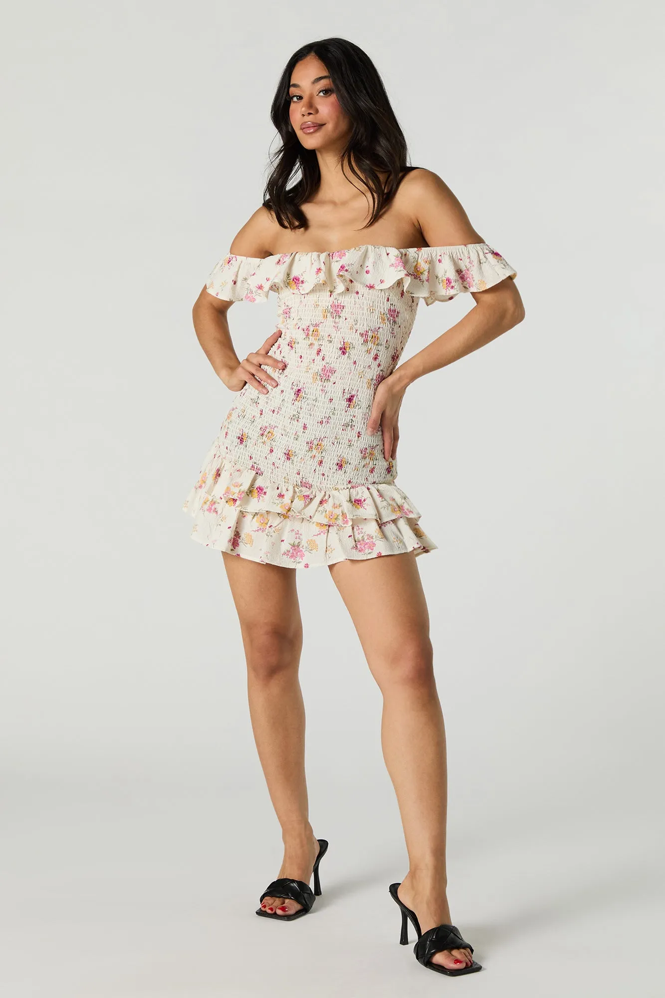 Off Shoulder Smocked Ruffle Mini Dress