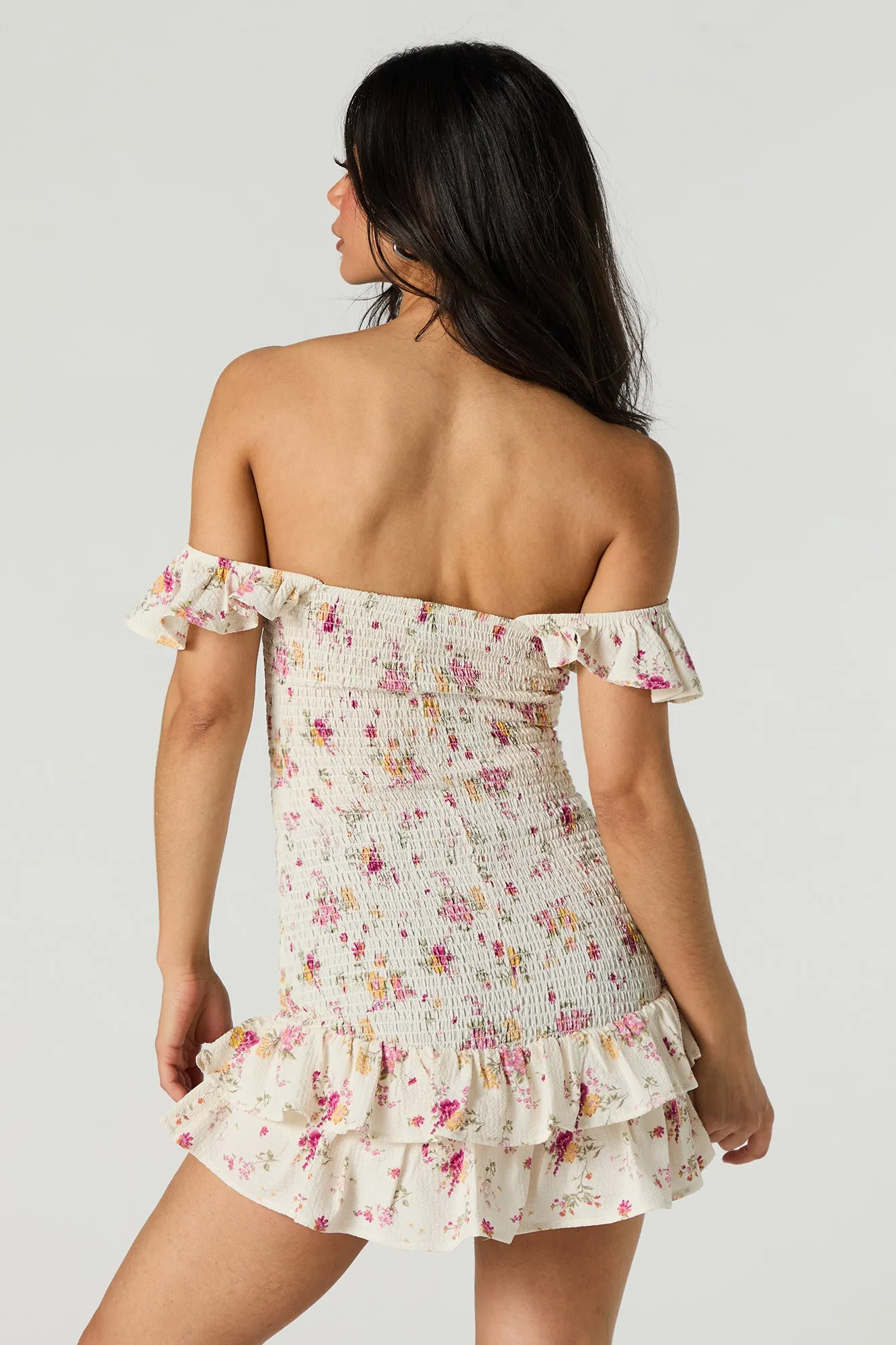Off Shoulder Smocked Ruffle Mini Dress