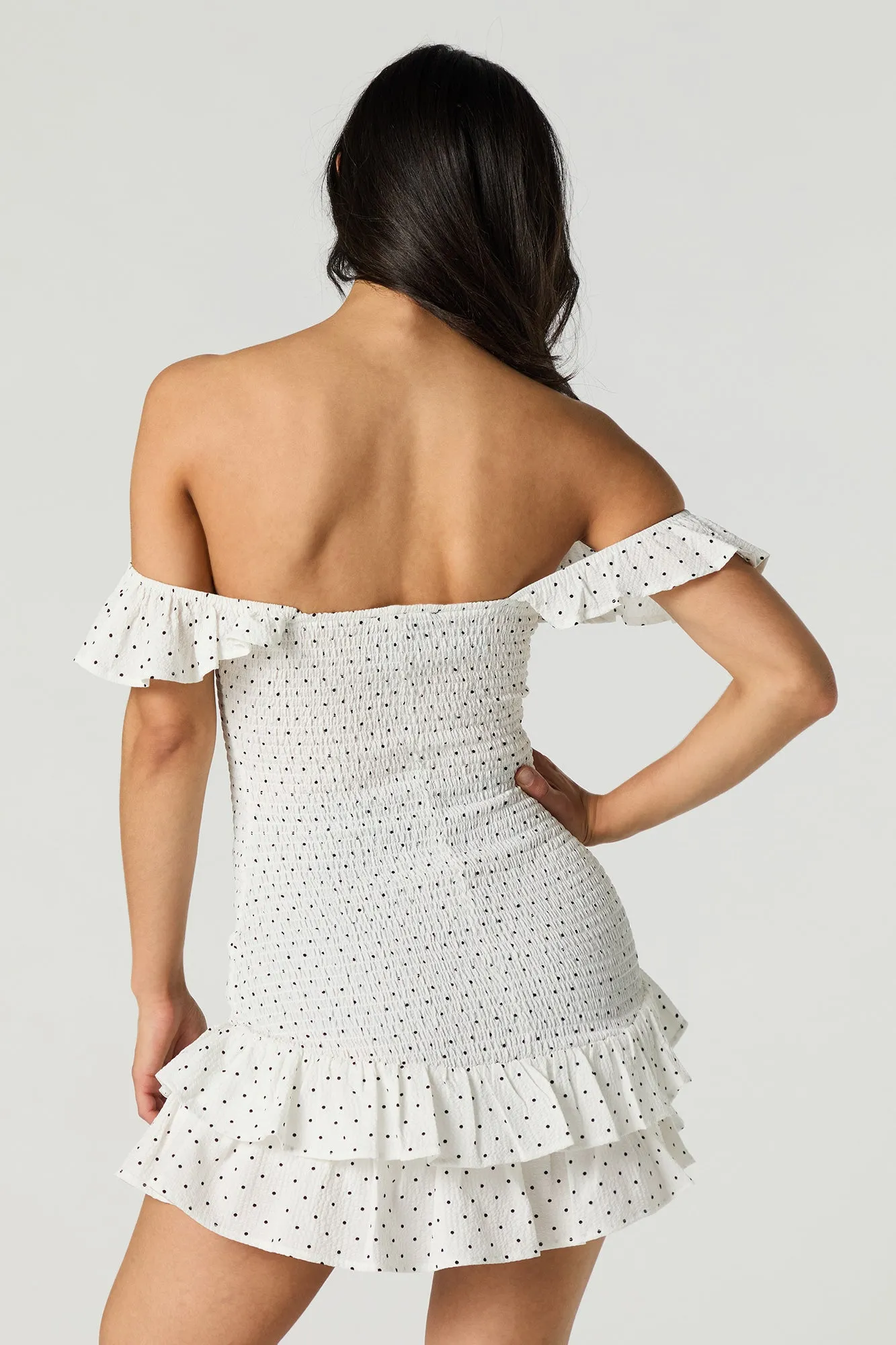Off Shoulder Smocked Ruffle Mini Dress