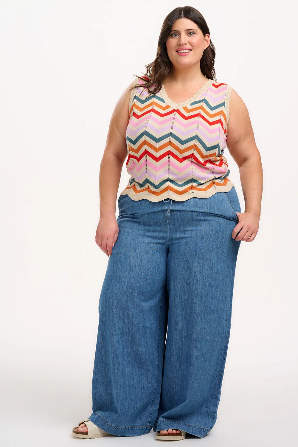 Rosy V-Neck Knit Vest - Cream. Rainbow Chevron Stripes