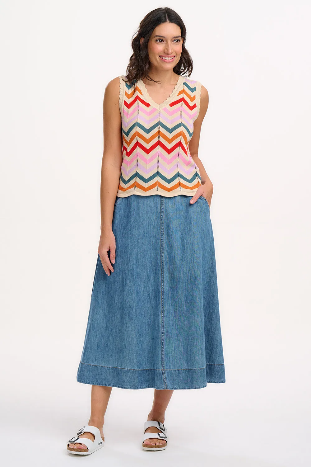 Rosy V-Neck Knit Vest - Cream. Rainbow Chevron Stripes