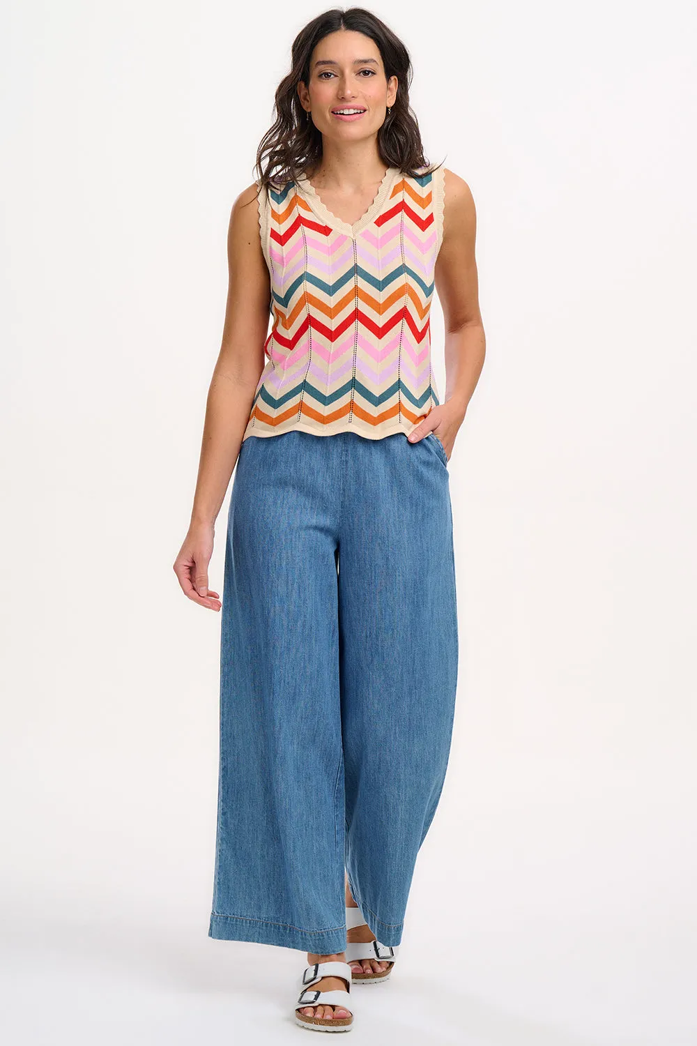 Rosy V-Neck Knit Vest - Cream. Rainbow Chevron Stripes