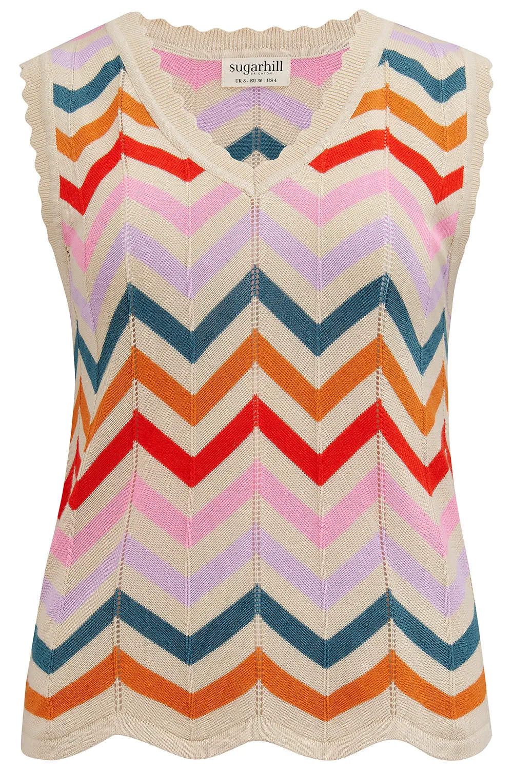 Rosy V-Neck Knit Vest - Cream. Rainbow Chevron Stripes