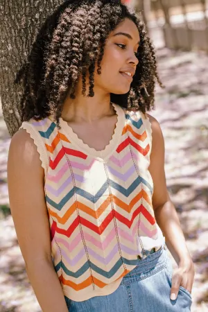 Rosy V-Neck Knit Vest - Cream. Rainbow Chevron Stripes
