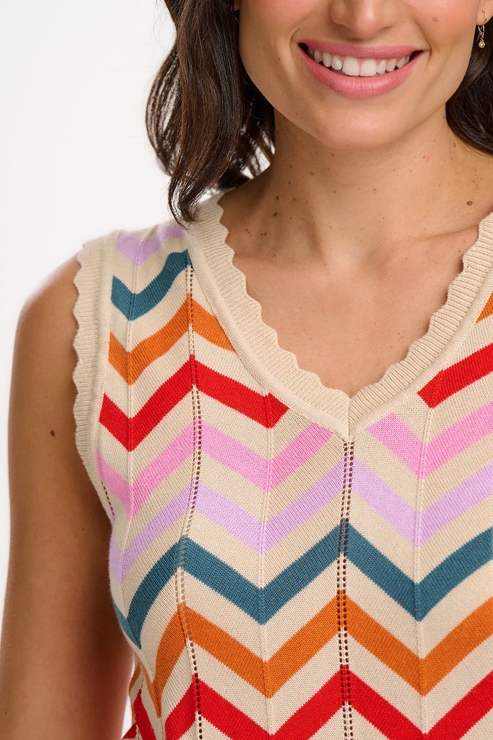 Rosy V-Neck Knit Vest - Cream. Rainbow Chevron Stripes