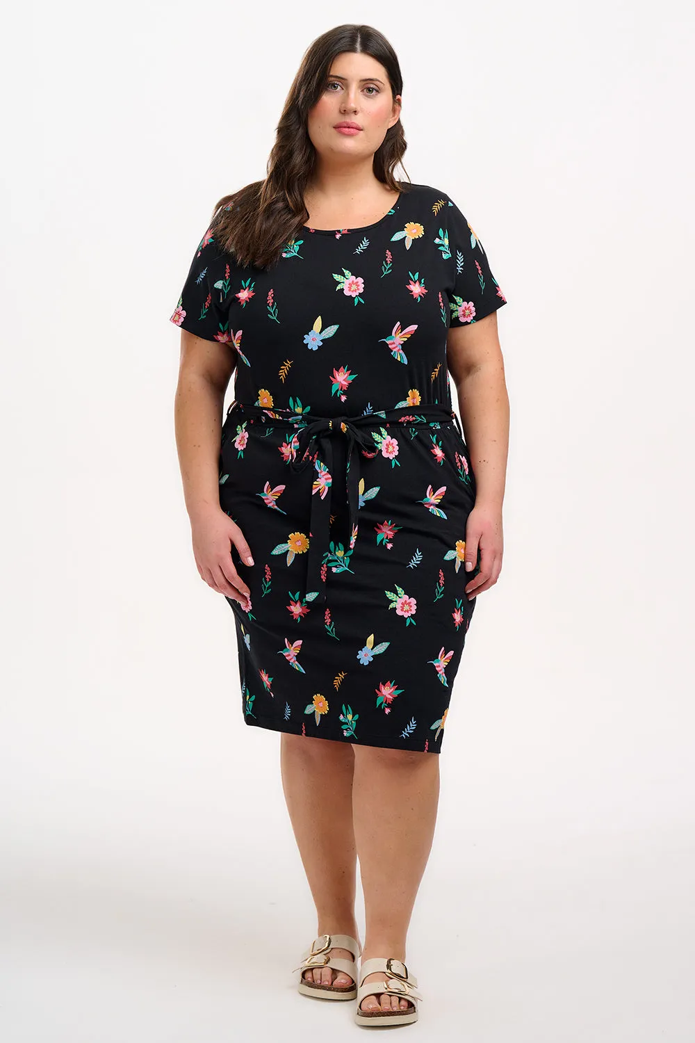 Terri Jersey Mini Dress - Black/Multi. Hummingbird Garden