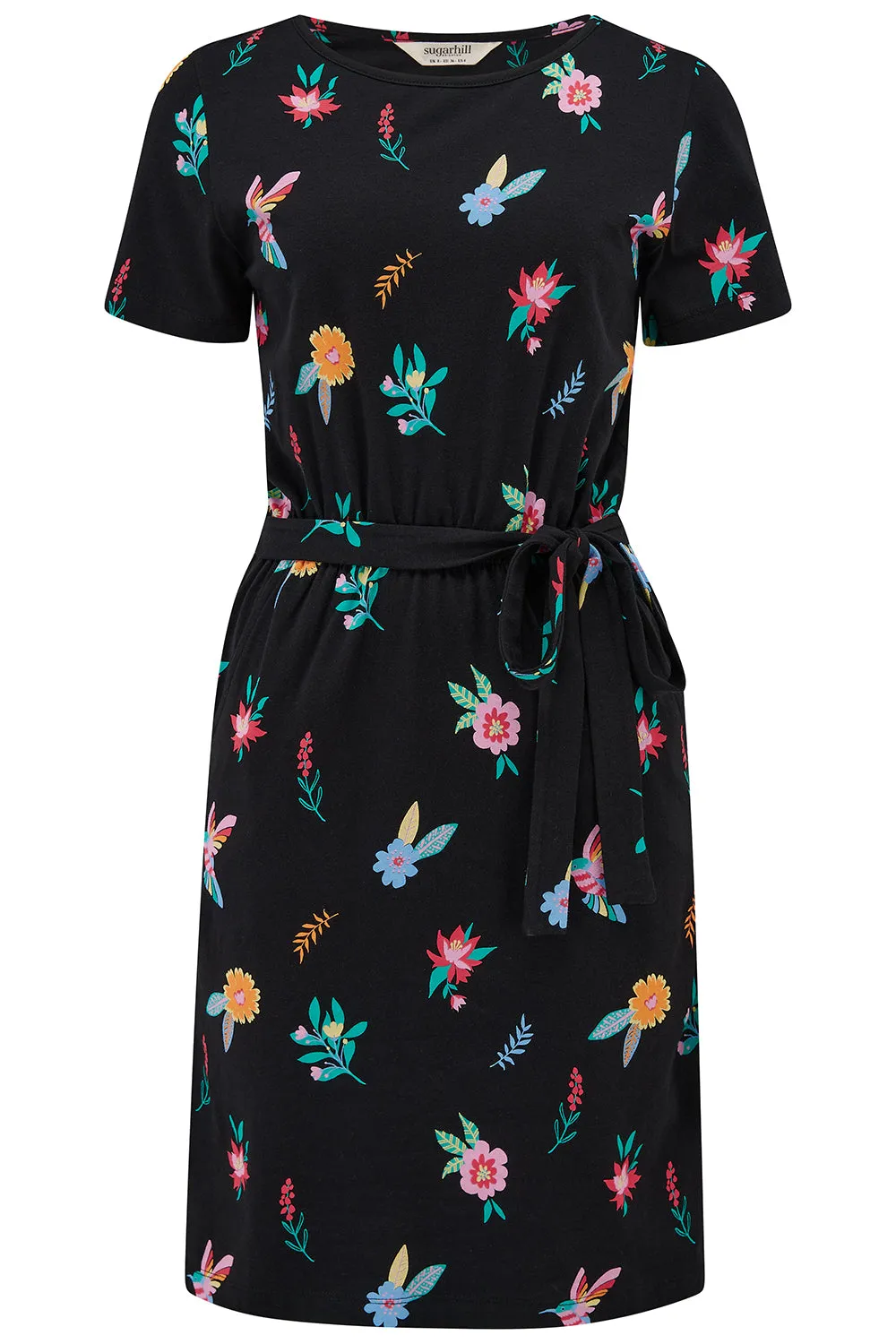 Terri Jersey Mini Dress - Black/Multi. Hummingbird Garden