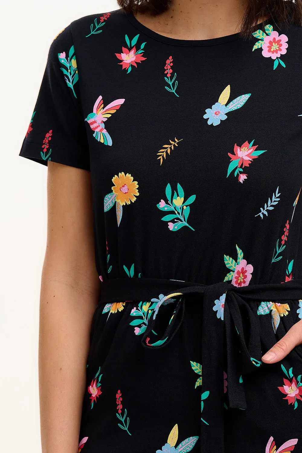 Terri Jersey Mini Dress - Black/Multi. Hummingbird Garden