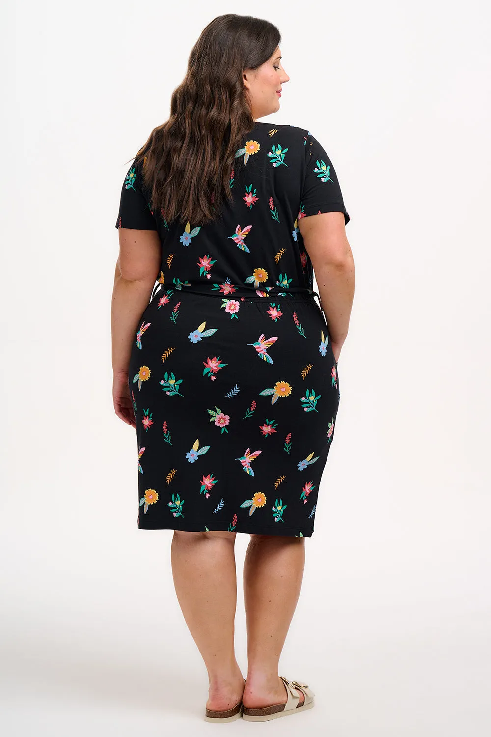 Terri Jersey Mini Dress - Black/Multi. Hummingbird Garden