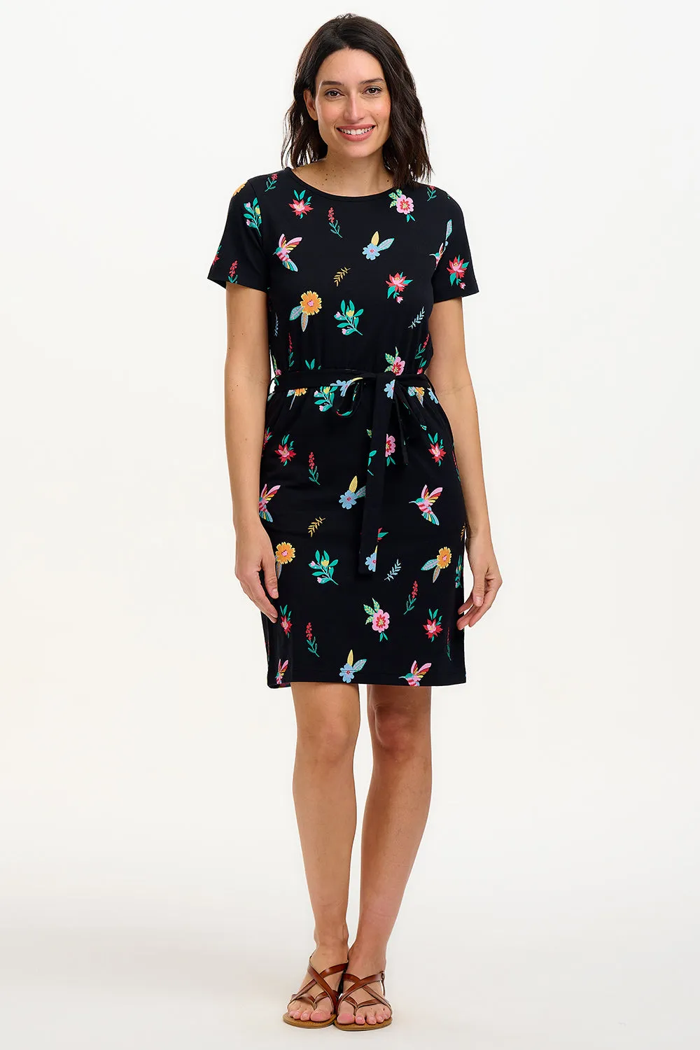 Terri Jersey Mini Dress - Black/Multi. Hummingbird Garden