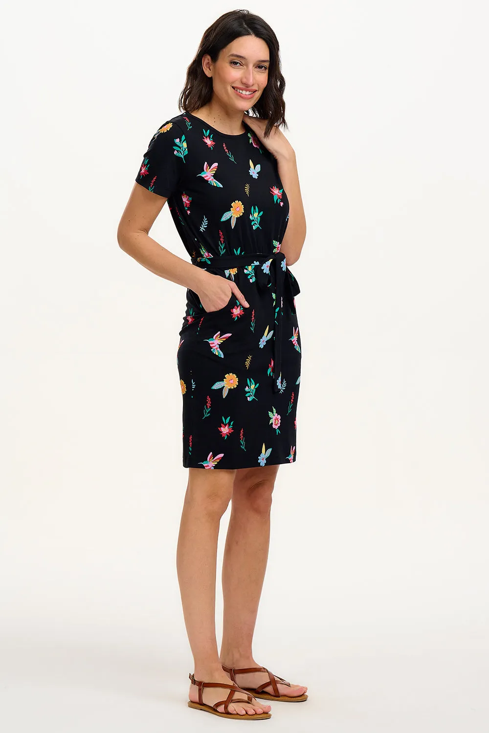 Terri Jersey Mini Dress - Black/Multi. Hummingbird Garden