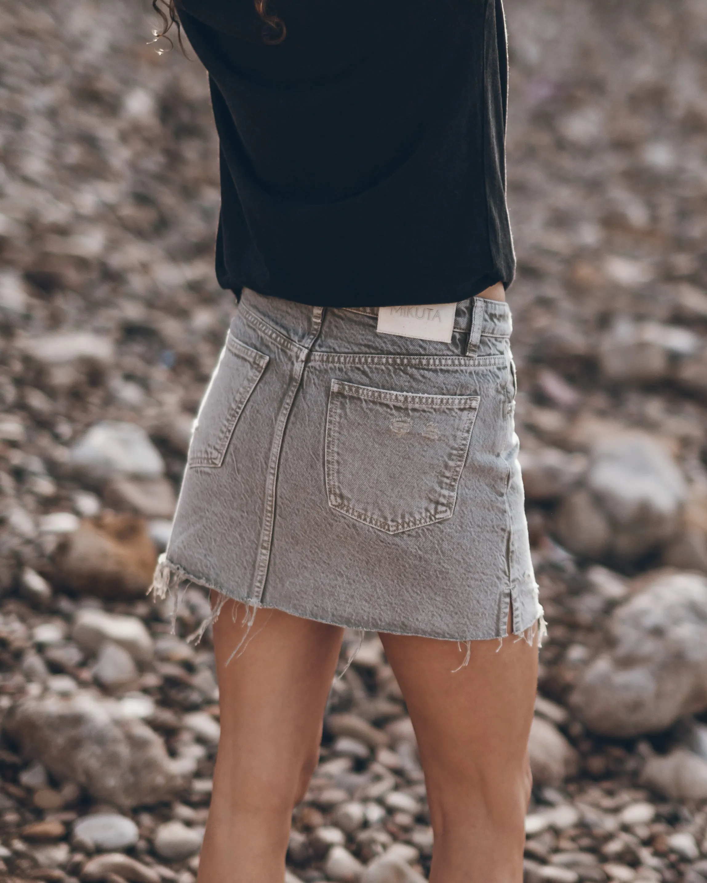 The Khaki Faded Slit Denim Skirt
