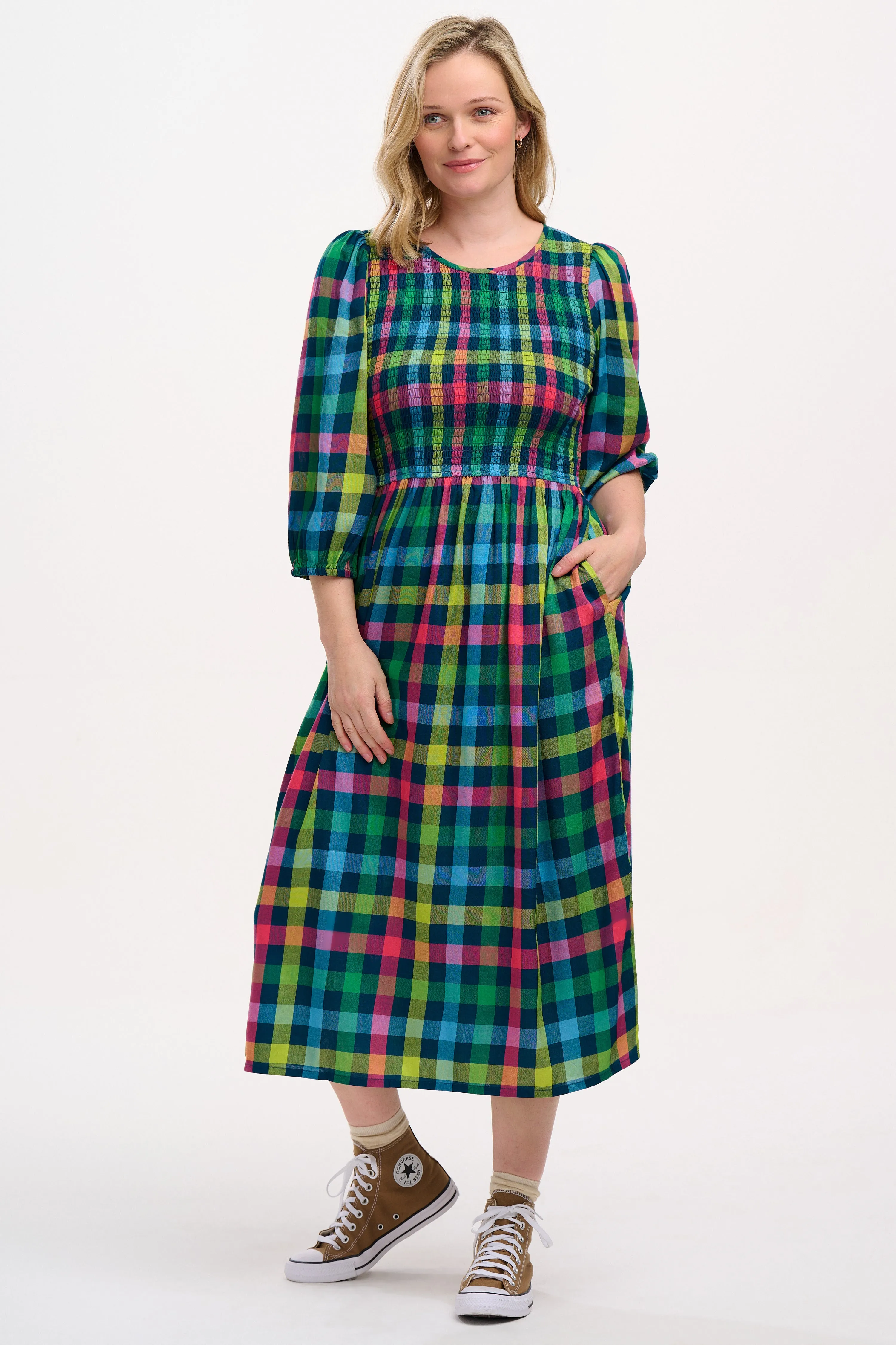 Ursula Shirred Midi Dress - Multi. Midnight Gingham