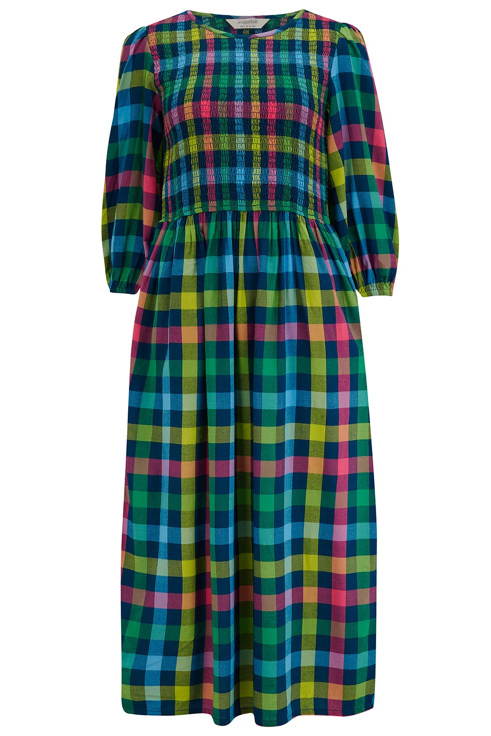 Ursula Shirred Midi Dress - Multi. Midnight Gingham