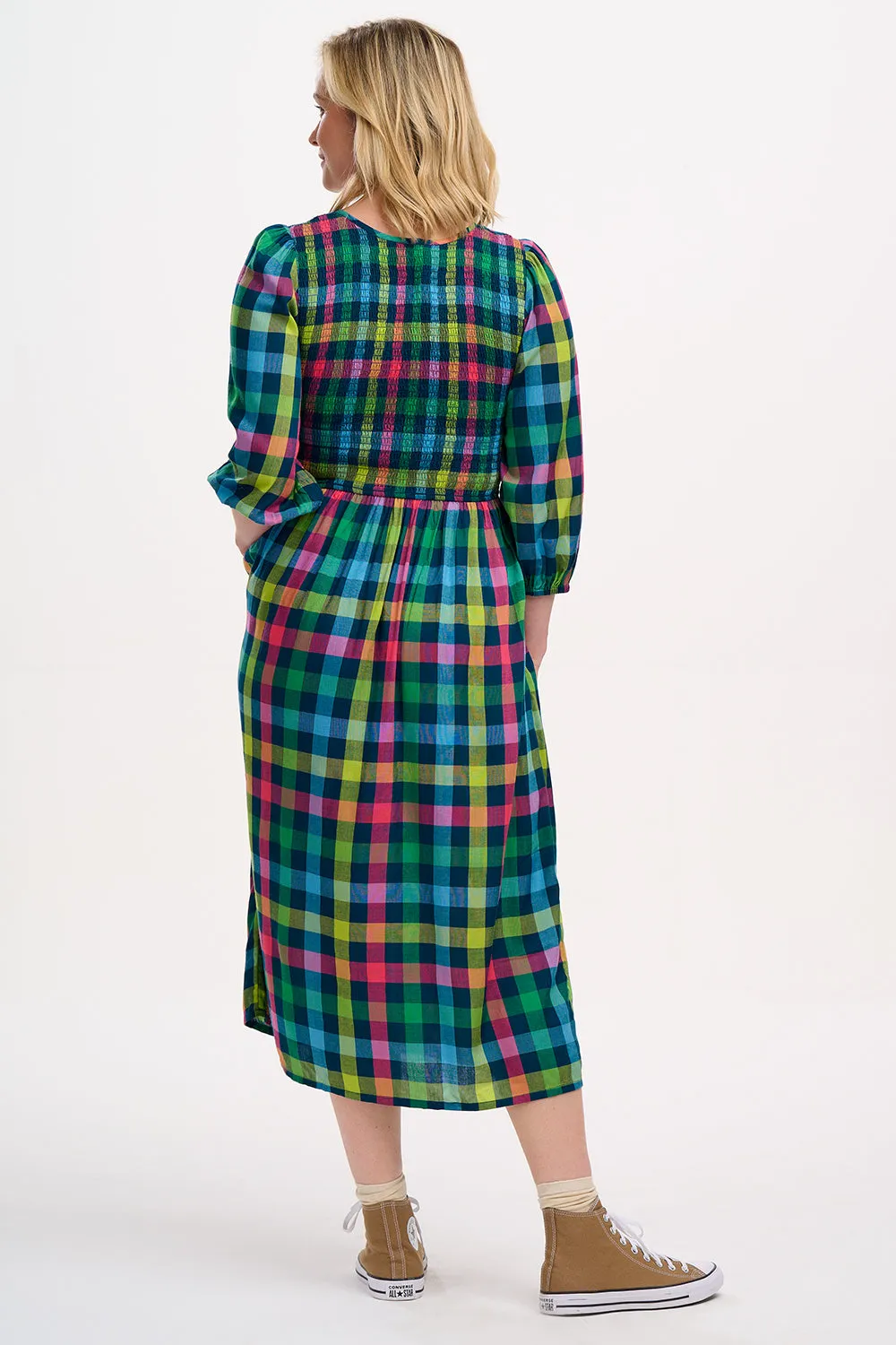 Ursula Shirred Midi Dress - Multi. Midnight Gingham