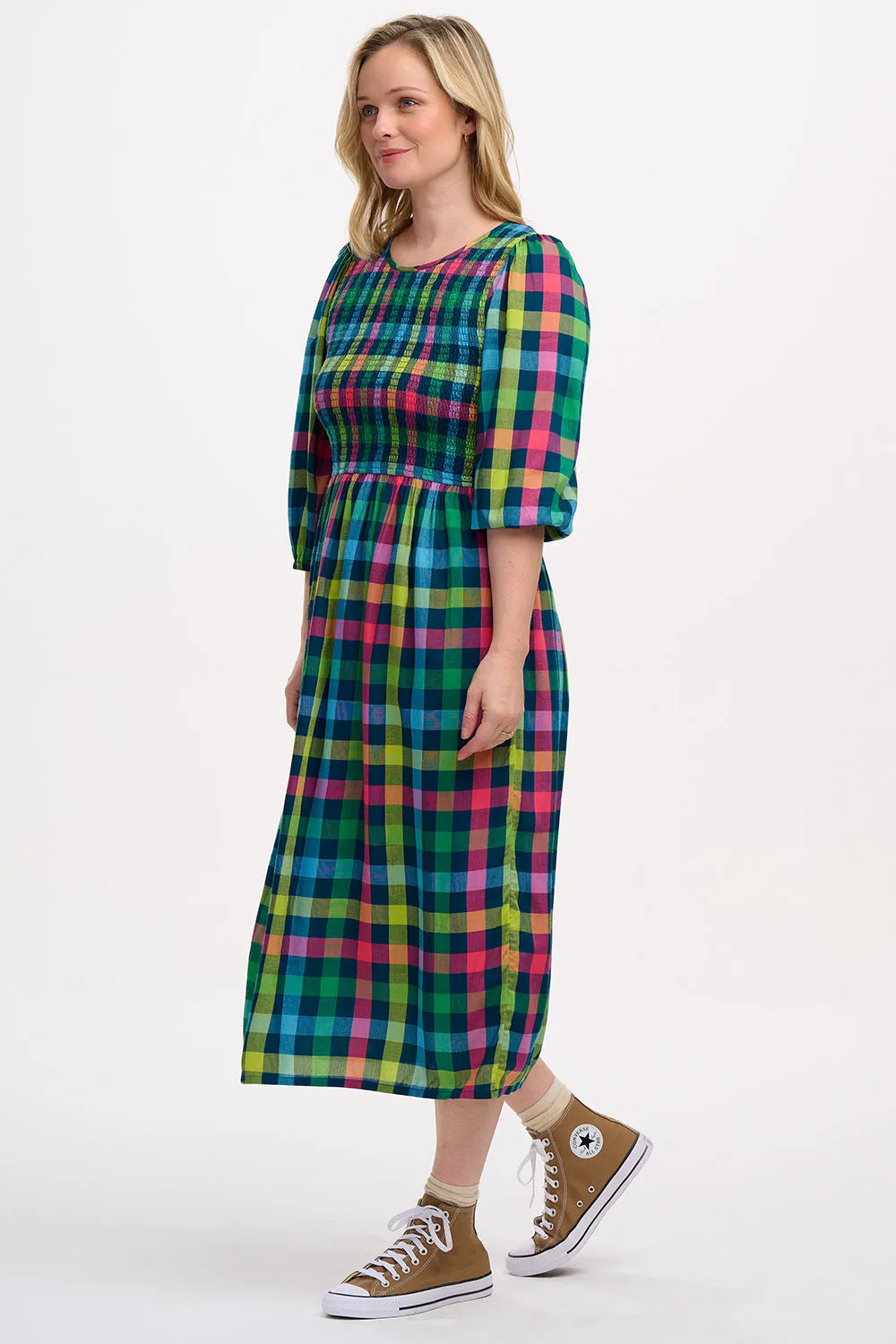 Ursula Shirred Midi Dress - Multi. Midnight Gingham